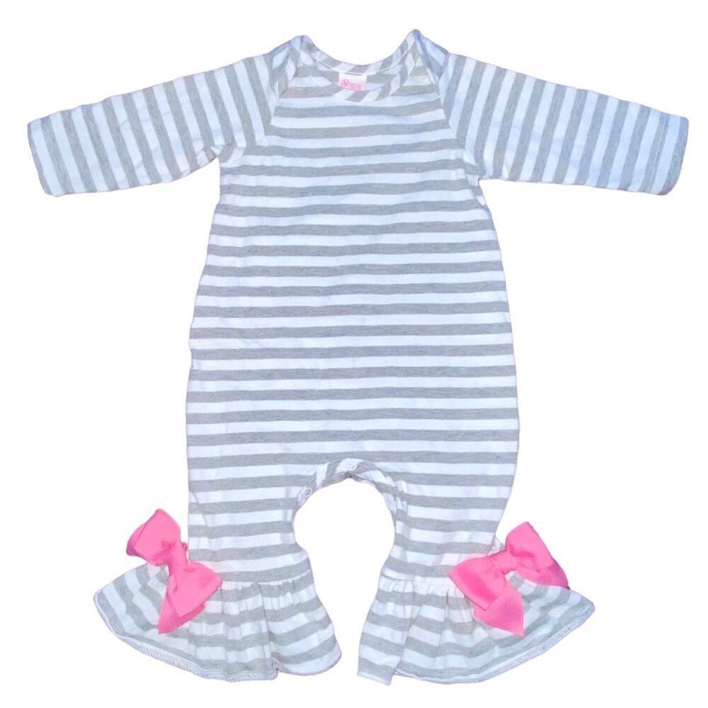 6/9 Ricrac & Ruffles Boutique Baby Girls Gray White Striped Romper Outfit